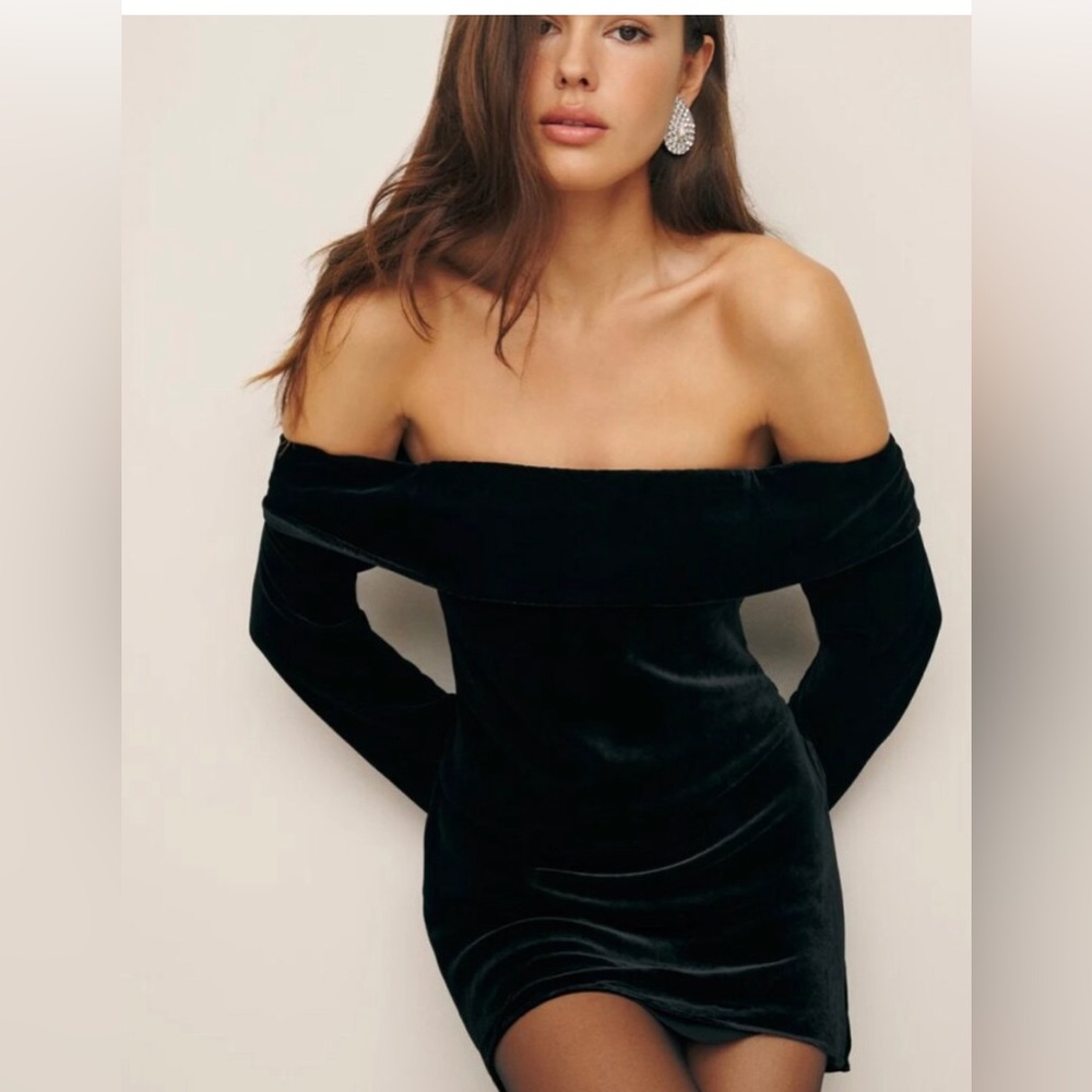Reformation Black Off-Shoulder Velvet Mini Dress